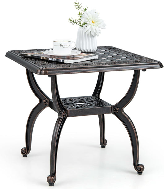 Tavolino da Giardino in Alluminio Pressofuso, Tavolino Quadrato da 53 cm, con Ripiano Inferiore e Piedini Regolabili, per Giardino, Portico e Balcone, Portato Totalo 120 kg