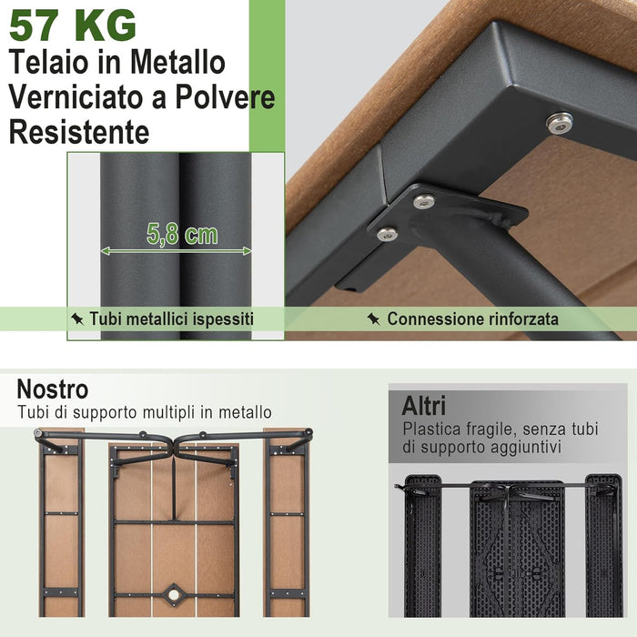 Tavolo con Panche da Esterno, Tavolo da Pranzo 183 CM con 2 Panche per 8 Persone, Tavolo da Picnic in Metallo e HDPE con Foro per Ombrellone, per Giardino Terrazzo (marrone)