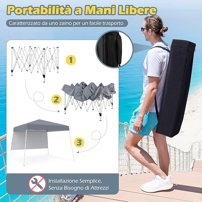 Gazebo Pop-up da Esterno 3 x 3 m, Gezebo Pieghevole con 1 Parete Laterale, Zaino Portatile e 4 Picchetti, Tendone Impermeabile e Resistente per Campeggio e Feste (Grigio)