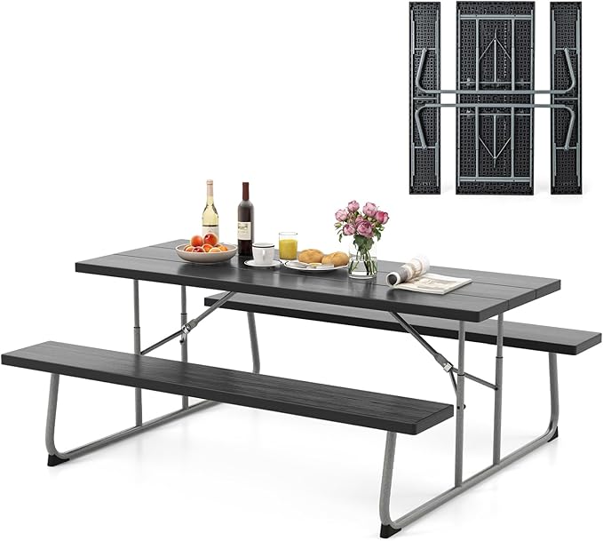 Tavolo da Picnic Pieghevole con 2 Panche, Set di Tavolo da 183 cm con Telaio in Metallo, Piano in HDPE, con Foro per Ombrellone, Tavolo da Pranzo da Giardino, Portata Totale 650 kg (Nero)