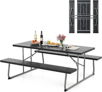 Tavolo da Picnic Pieghevole con 2 Panche, Set di Tavolo da 183 cm con Telaio in Metallo, Piano in HDPE, con Foro per Ombrellone, Tavolo da Pranzo da Giardino, Portata Totale 650 kg (Nero)