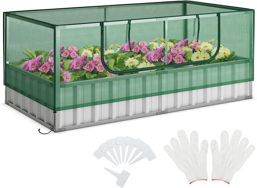 Fioriera da Esterno Zincata con Copertura, Orto Rialzato con Tendina Avvolgibile, Guanti e 8 Etichette per Piante, Letto da Giardino Rialzato per Fiori, Erbe, Verdure e Frutta