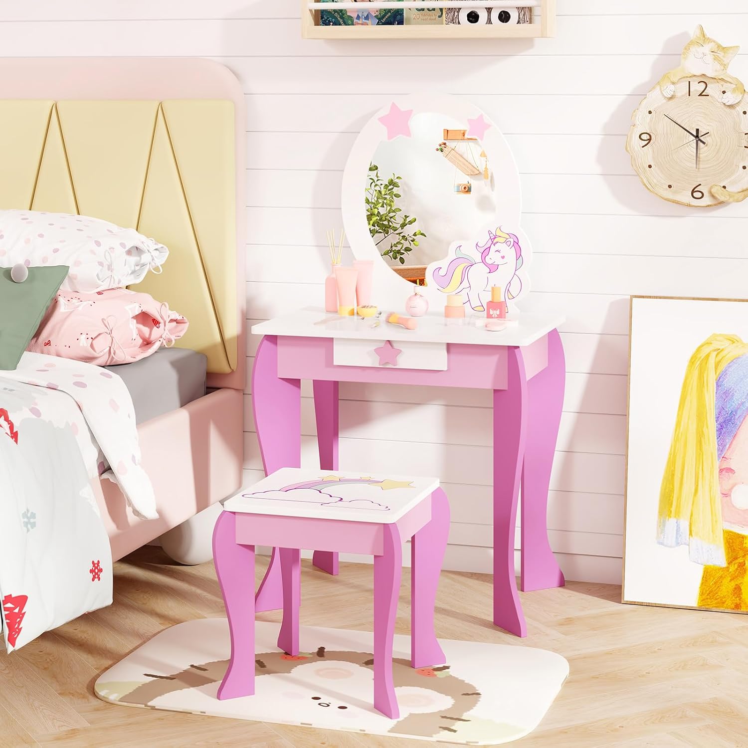 Set Toeletta per Ragazza, Toeletta Trucco per Bambini con Sgabello, Specchio Staccabile e Cassetto, Postazione Trucco in Legno per Cameretta 49.5 x 35.5 x 89cm (Rosa)