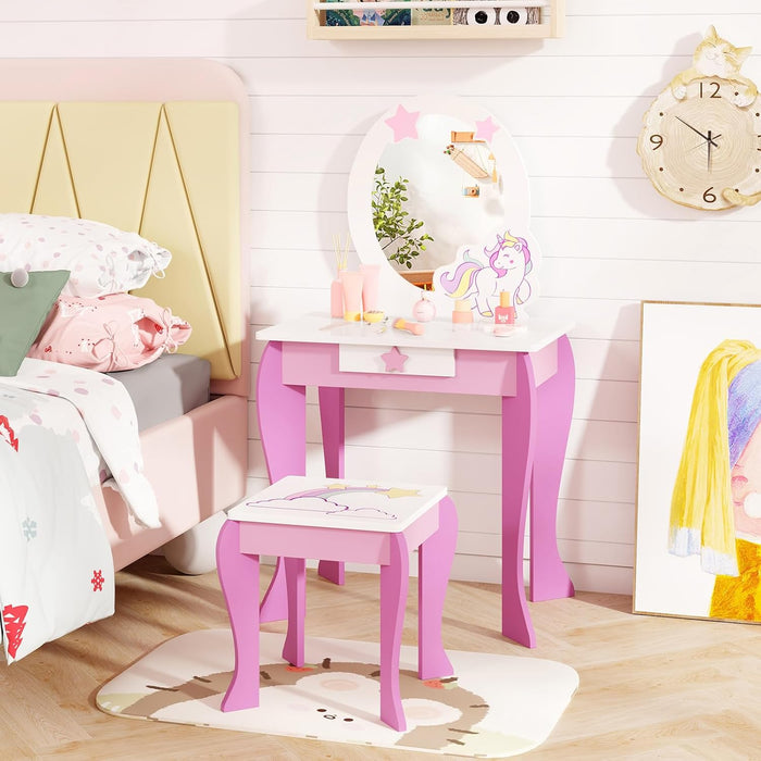 Set Toeletta per Ragazza, Toeletta Trucco per Bambini con Sgabello, Specchio Staccabile e Cassetto, Postazione Trucco in Legno per Cameretta 49.5 x 35.5 x 89cm (Rosa)