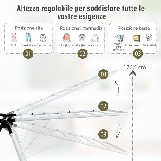 Stendibiancheria a 2 Livelli, Stendino Pieghevole con Braccia Laterali Regolabili in Altezza e Telaio in Acciaio, Stendipanni Salvaspazio per Bucato Scarpe Piumini da Interno Esterno