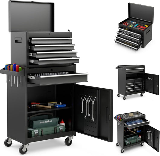 Cassettiera Portautensili a 4 Cassetti, Carrello per Attrezzi con Ruote Bloccabili Ripiano Regolabile e Rivestimento Antiscivolo, 59 x 28 x 102 cm (Nero)