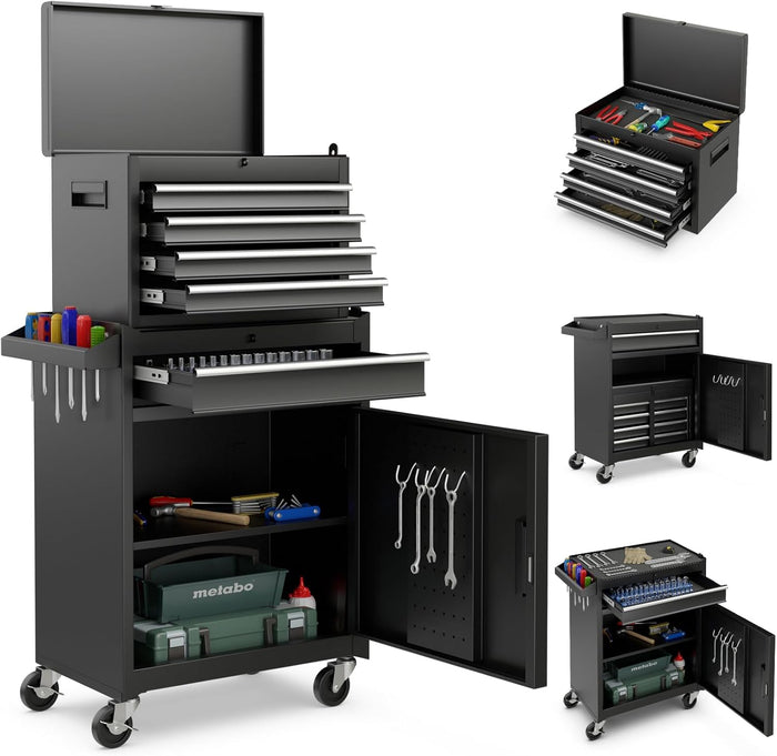 Cassettiera Portautensili a 4 Cassetti, Carrello per Attrezzi con Ruote Bloccabili Ripiano Regolabile e Rivestimento Antiscivolo, 59 x 28 x 102 cm (Nero)