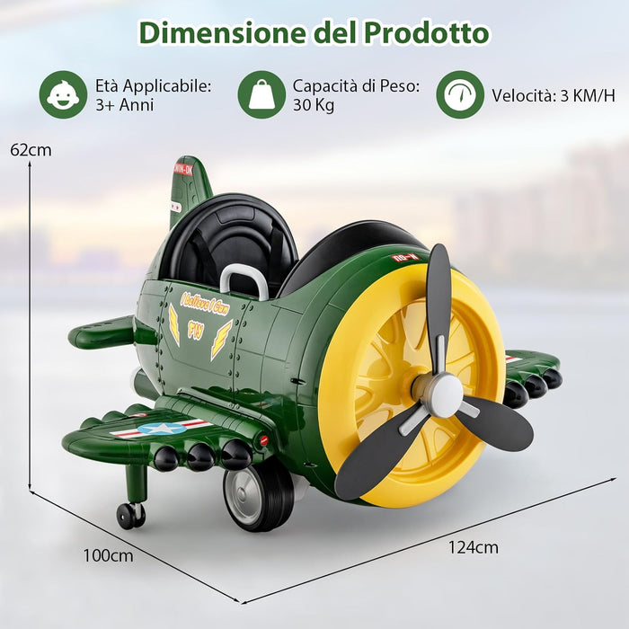 Macchina Elettrica a Forma di Aereo per Bambini, Aeroplano Elettrico Cavalcabile con Telecomando Alare Pieghevole e Elica Rotante, Cruscotto Illuminato, per Bambini 3 Anni+ (Verde)