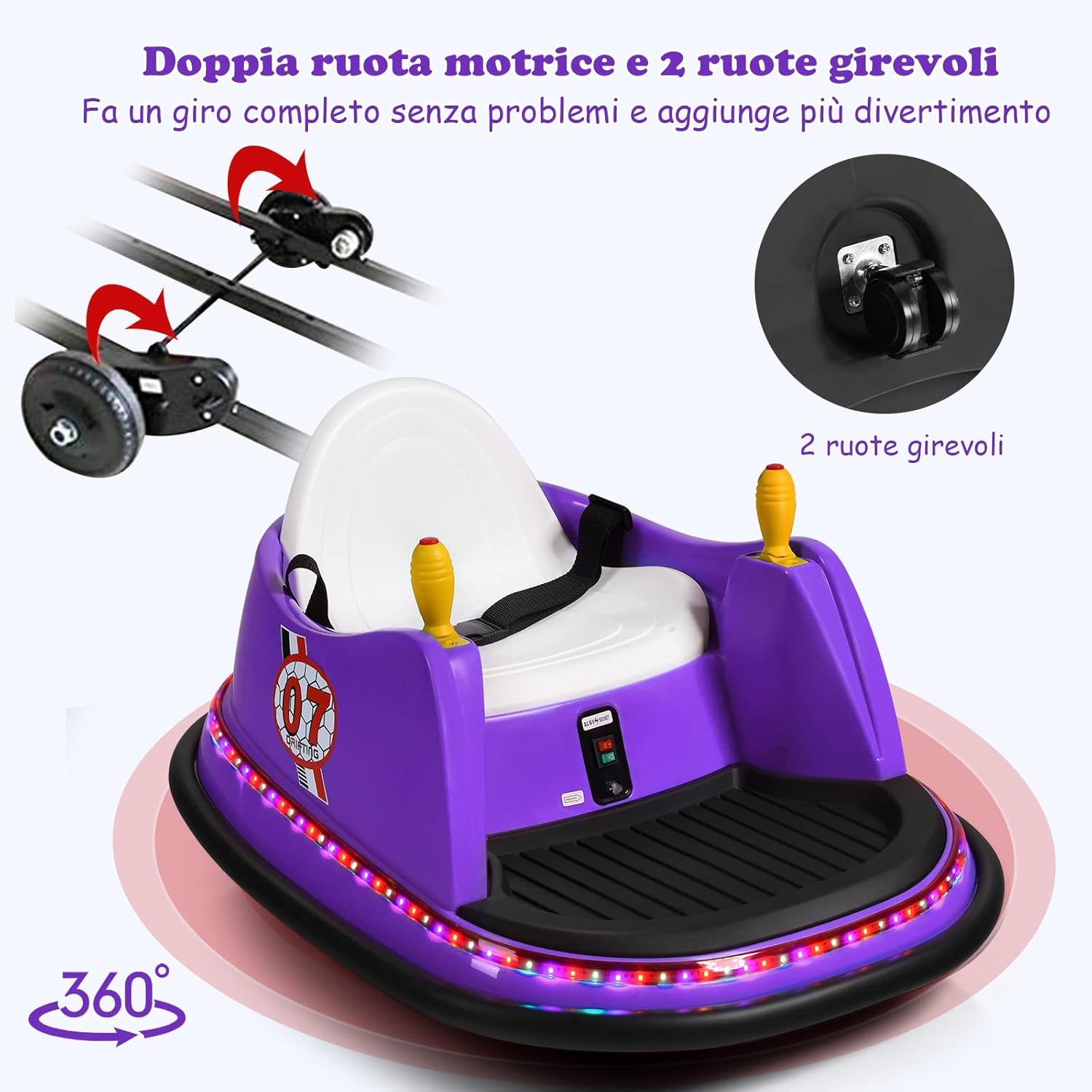 Veicolo Elettrico Macchina Elettrica Design Autoscontro per Bambini, Girevole a 360°, con Luci e Musica, con Telecomando, per Bambini 2-5 Anni (Viola)