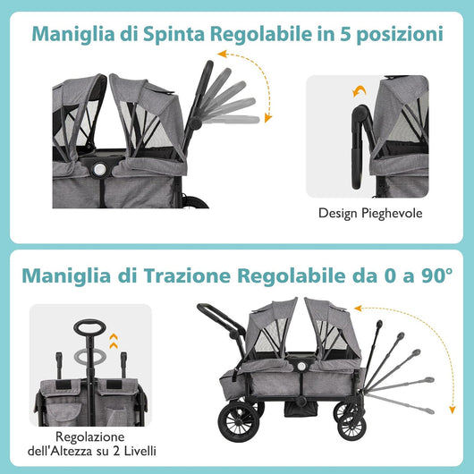 Passeggino Doppio Pieghevole, Passeggino Gemellare con Manico Regolabile, Tettuccio Rimovibile, Portabicchieri, per Bambini da 6+ Mesi, 104 x 57 x 107 cm (Grigio)