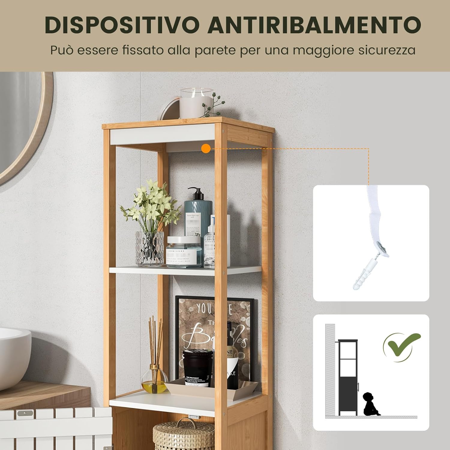 Armadio da Bagno, Mobile Alto 129 cm con Anta, Mobile Salvaspazio e Multiuso in Bambù con Ripiani Regolabili, per Soggiorno Bagno