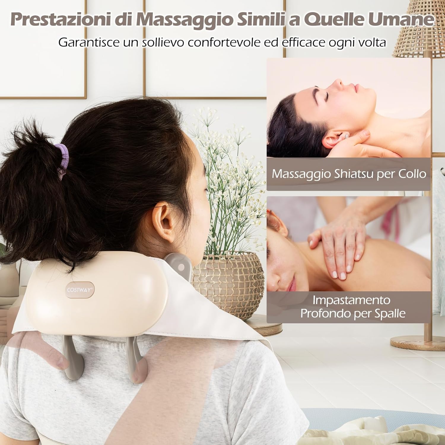 Massaggiatore Cervicale, Massaggiatore Shiatsu per Collo e Spalle Senza Fili con Impasto Profondo 4D dei Tessuti con Riscaldamento, 2 Modalità e 2 Livelli di Intensità (Beige)