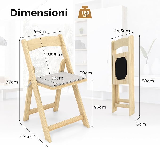 Set di 2 Sedie da Pranzo, Sedia da Cucina Pieghevole con Gambe in Legno di Gomma & Sedile Imbottito, Sedia Portatile per Matrimonio & Festa, Nessun Montaggio Richiesto, Portata 160 kg
