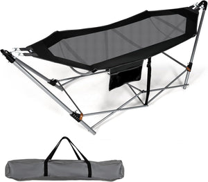 Amaca Pieghevole, Amaca con Tasca Laterale, Amaca con Supporto in Metallo e Fibbie Antiribaltamento, per Interno ed Esterno, Fino a 150 kg(Nero)