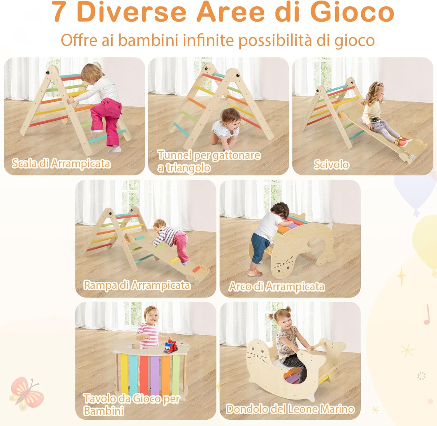 7 in 1 Set di Arrampicate per Bambini, Arrampicatore Pieghevole in Legno con Scivolo Reversibile, Dondolo e Arrampicata, Tavolo e Tunnel, per Bambini 3-14 Anni (Colorato)
