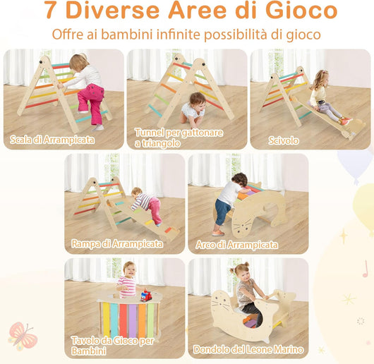 7 in 1 Set di Arrampicate per Bambini, Arrampicatore Pieghevole in Legno con Scivolo Reversibile, Dondolo e Arrampicata, Tavolo e Tunnel, per Bambini 3-14 Anni (Colorato)