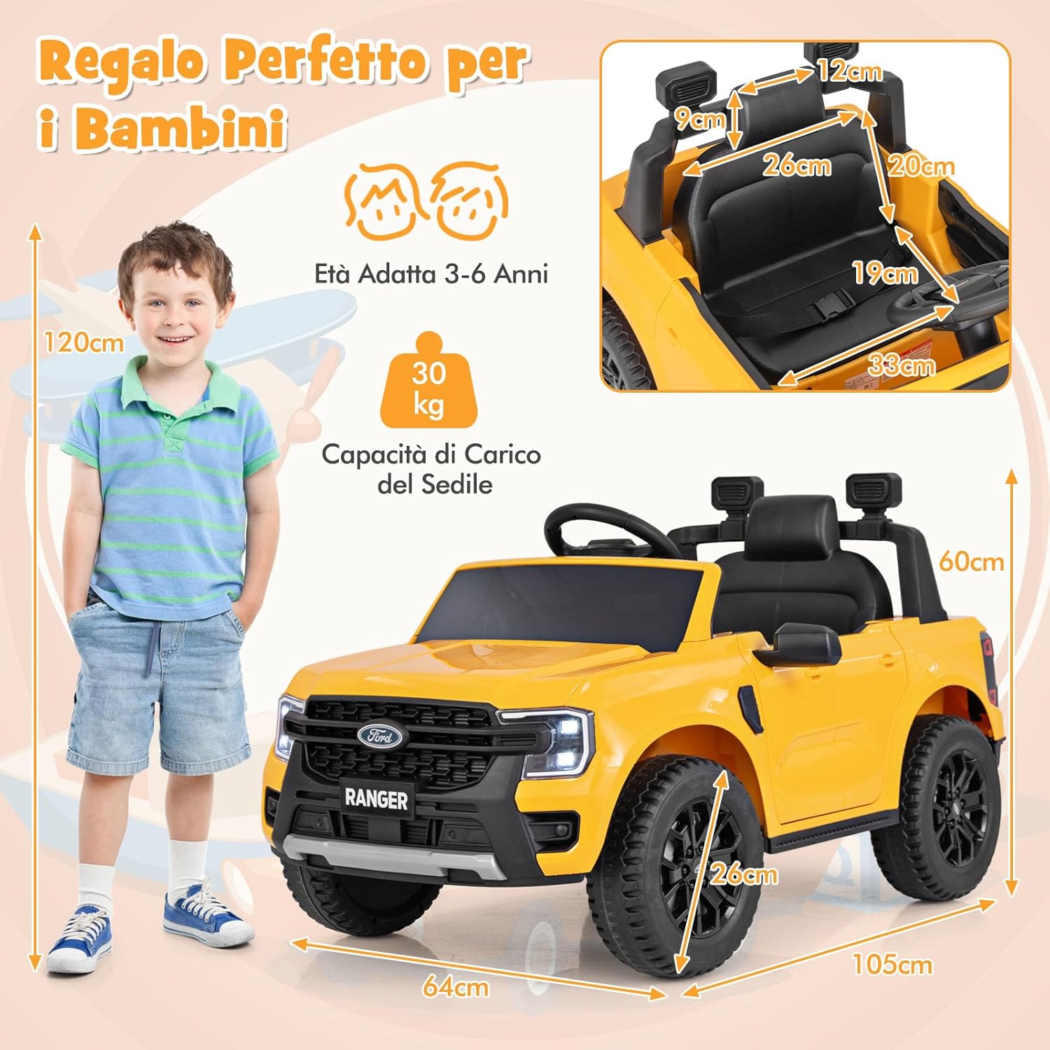 Ford Ranger Auto Elettrica 12V per Bambini, con Telecomando, USB, Clacson, 2 Modalità di Guida, Connessione Wireless, Partenza Progressiva, per Bambini da 3 a 6 Anni