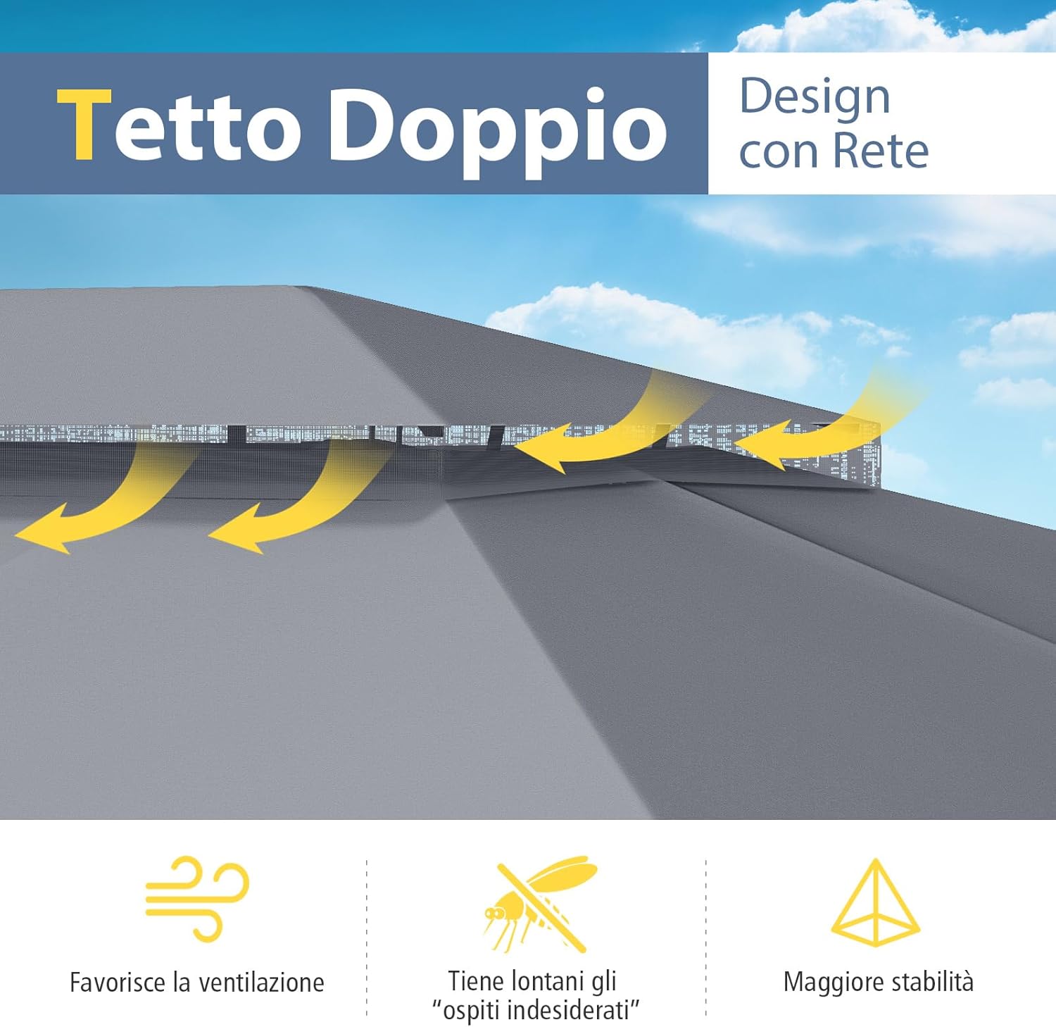 Gazebo da Giardino 397 x 296 cm, Gazebo da Esterno con Zanzariere, Tende, Struttura in Metallo Resistente, con Tetto Impermeabile a Due Strati, per Patio, Giardino e Cortile