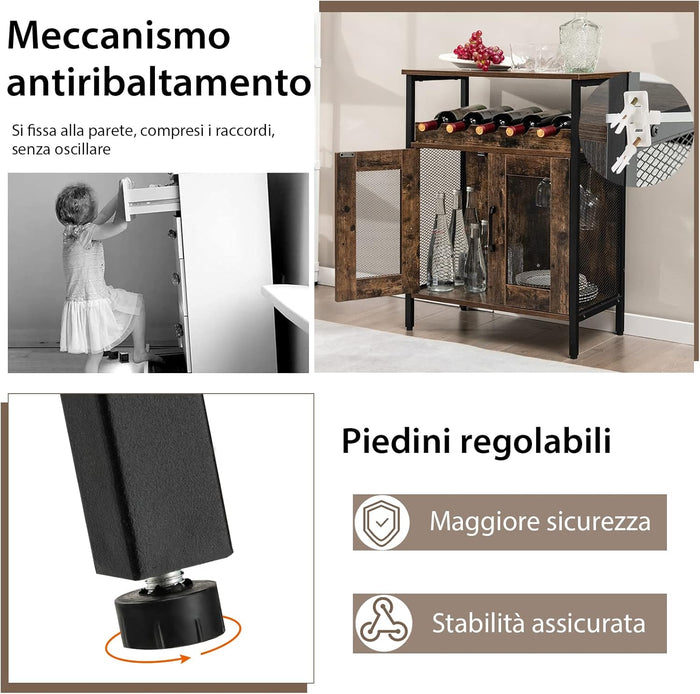 Armadio per Vino con Portaoggetti, Portabottiglie di Vino con Portabottiglie e Porta Bicchieri Rimovibili, Armadietto con Portabottiglie, 60 x 34 x 79 cm