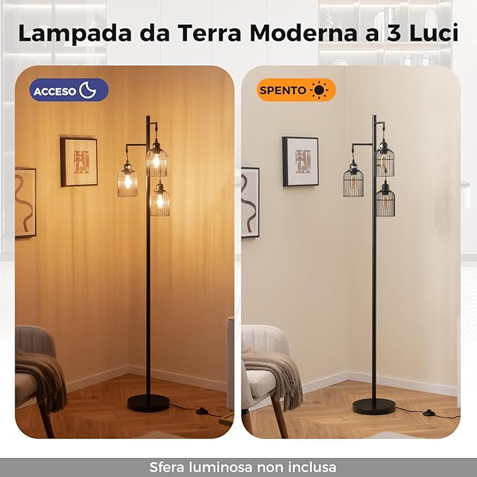 Lampada da Terra Moderna, Lampada da Terra Industriale con 3 Paralumi a Gabbia, Interruttore a Pedale e Base Robusta, Lampada da Salotto, Camera da Letto e Studio [Classe di efficienza energetica A]