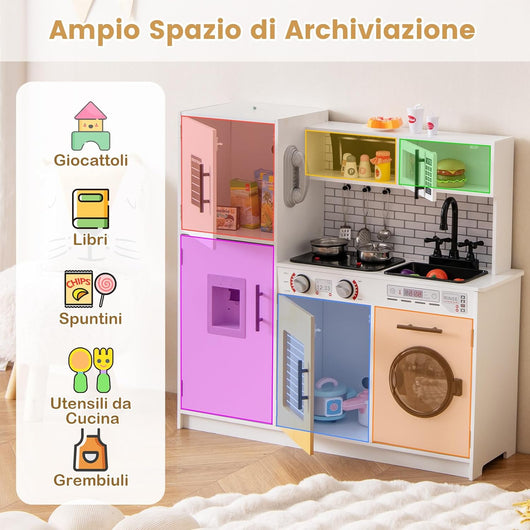 Cucina Giocattolo per Bambini, Cucina Legno per Bambini con Forno, Microonde, Lavatrice, Telefono, Lavello Rimovibile e Rubinetto Rotante, con Luci e Suoni, per Bambini di 3+ Anni (Bianco)
