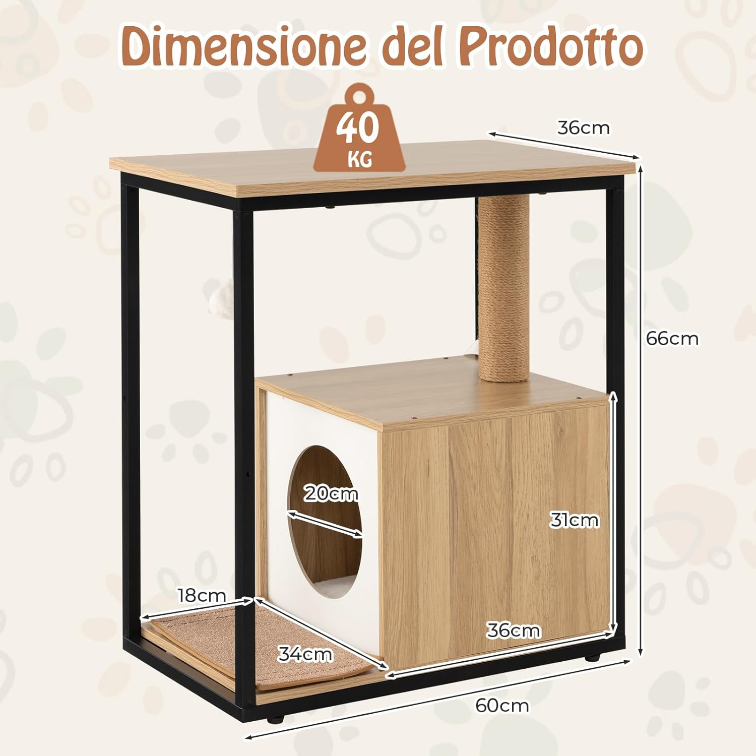 Cuccia per Gatti, Casetta per Gatti con Giocattolo a Palla Pensile e Dispositivo Anti-Ribaltamento, Tavolino Moderno e Multisuo con Case per Gatti, 60 x 36 x 66 cm(Naturale)
