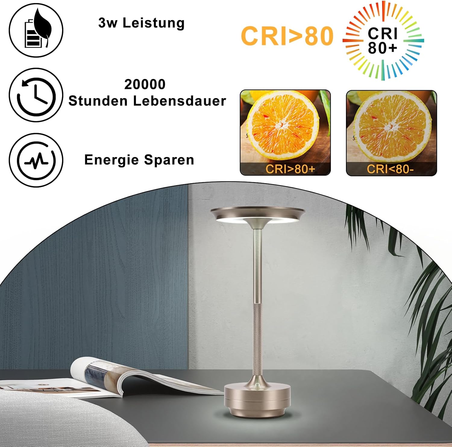 ZMH Lampada da tavolo wireless set 2 pezzi batteria touch dimmerabile USB ricaricabile per comodino camera letto