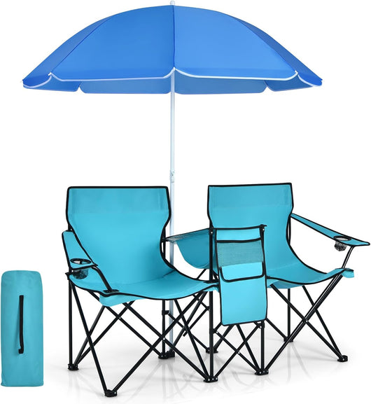 2 Sedie da Campeggio con Ombrellone, Pieghevole Doppia Sedia da Pesca con Portabicchieri e Borsa Frigo, Sedia Pieghevole per 2 Persone, 5 Colori (Verde)