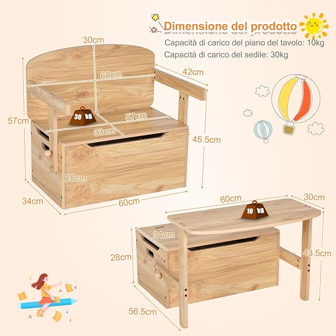 Cassapanca Contenitore 3 in 1 per Bambini Trasformabile in Legno con Scatola dei Giocattoli, Tavolo bambini con Sedie Multifunzione per 3-7 Anni (Naturale)