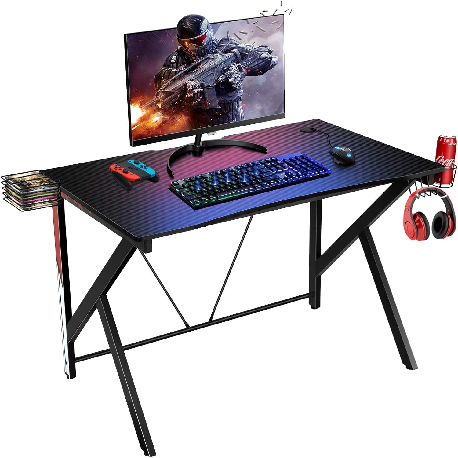 Scrivania Gaming Ergonomica, Tavolo da Gioco per Computer, con Porta Bicchiere e Gancio per Cuffie, Nero 115x73x76,5 cm