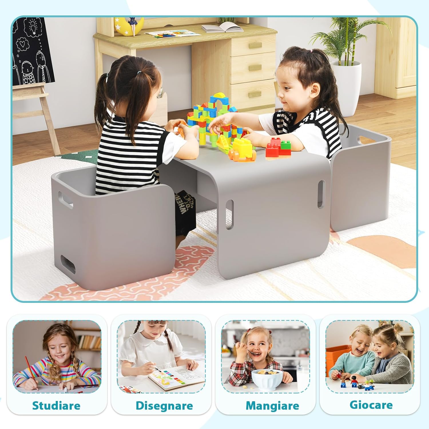 COSTWAY Set Tavolo e 2 Sedie per Bambini 2-9 Anni, Set Multiuso in Legno di Faggio con Maniglie Ergonomiche, Design Salvaspazio, Senza Montaggio, Portata 100 kg (Grigio)