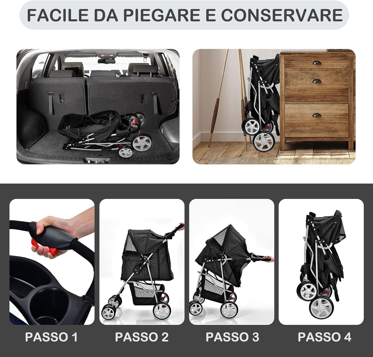 Passeggino per Cani Pieghevole, Carrozzina per Cani a 4 Ruote con Finestra a Rete Porta Bicchiere e Cesto, Passeggino Portatile per Animali Piccola e Media (Nero)