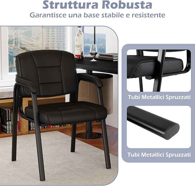 Set di 2 Sedie da Ufficio, Sedia per Sala d'Attesa con Struttura in Metallo, Braccioli Imbottiti, Sedia da Ospiti per Ufficio Riunioni, Portata 180kg (Nero)