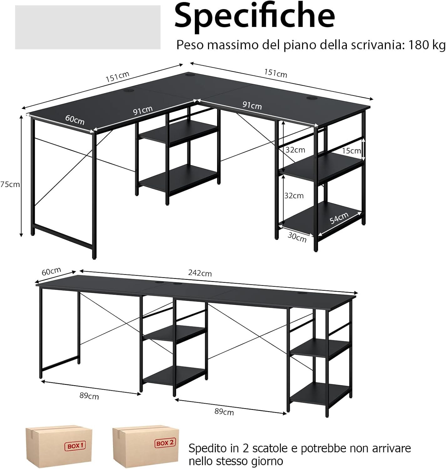 Scrivania Angolare per Computer con Supporto per Monitor, Scrivania Porta PC in Legno, Scrivania Salvaspazio e Moderna per Ufficio e Studio, 242 x 60 x 75 cm (Nero)