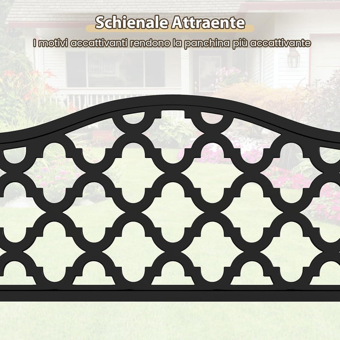 Panchina da Esterno in Metallo 128 x 54 x 89 cm per 2-3 Persone, Panca da Giardino con Doghe e Braccioli Curvati per Piscina e Veranda, Nero