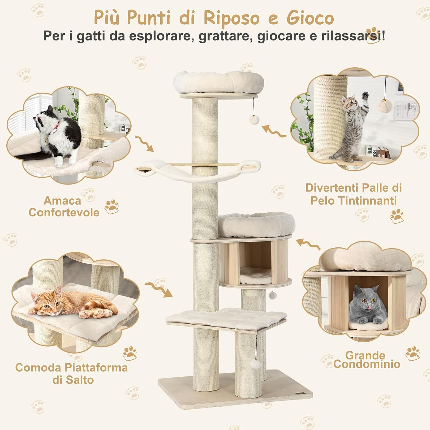 Albero per Gatti in Legno Massiccio da 174 CM, Torre per Gatti a 4 Livelli con Pali Sisal, Nicchia per Gatti, Trespoli, Amaca, Palline, Albero Tiragraffi per Gattini e Gatti Adulti