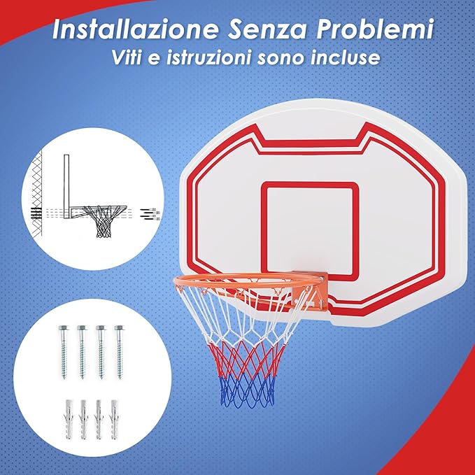Tabellone Basket a Muro Interno ed Esterno, Canestro da Basket a Parete con Tabellone Anti-Rottura da 91 x 61 cm, Rete Resistente e Cerchio Standard da 45 cm