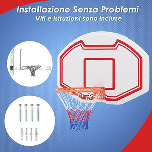 Tabellone Basket a Muro Interno ed Esterno, Canestro da Basket a Parete con Tabellone Anti-Rottura da 91 x 61 cm, Rete Resistente e Cerchio Standard da 45 cm