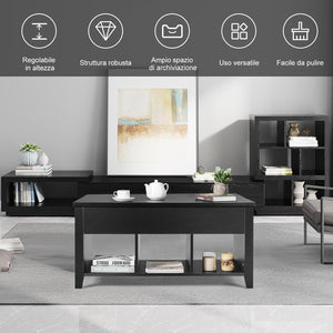 Tavolino da Salotto con Coperchio Sollevabile, Tavolino da Caff¨¨ Moderno Multifunzionale con Altezza Regolabile in Alto e Scompartimenti Nascosti e 3 Mensole Aperte in Basso (Nero)