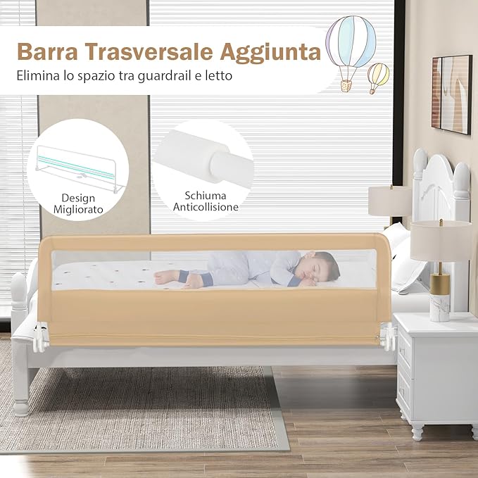 Barriera Letto per Bambini di 180 cm, Sponda di Sicurezza Pieghevole con Copertura Rimovibile, Rete Traspirante, Sbarra da Letto per Letti Singoli e Matrimoniali, 180 x 41 x 55 cm (Beige)