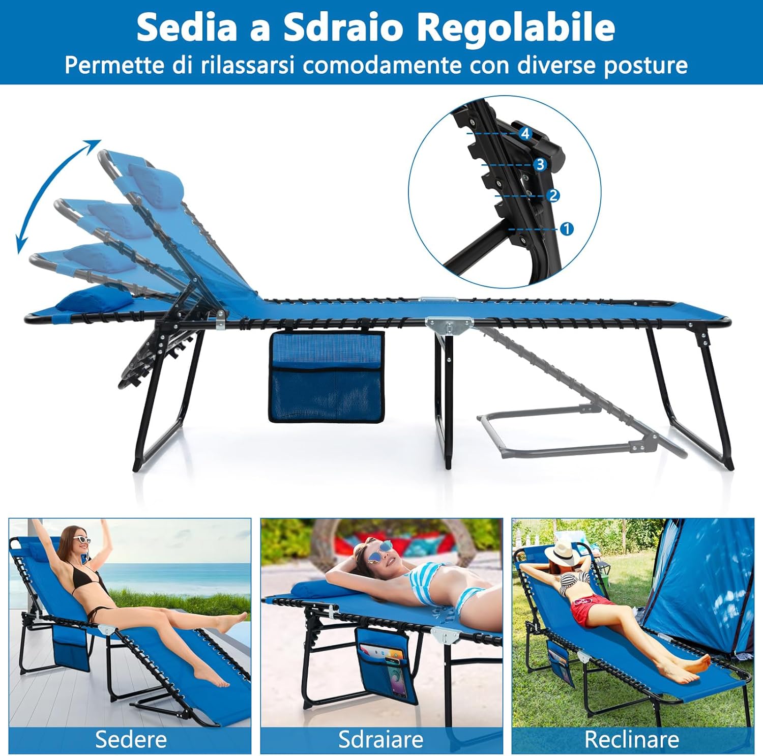 Sedia a Sdraio Pieghevole, Lettino da Giardino con Schienale a 4 Livelli, Tasca Laterale e Poggiatesta Staccabile, Ideale per Giardino, Piscina, Campeggio, Portata 150 kg (Blu)