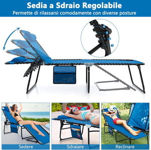 Sedia a Sdraio Pieghevole, Lettino da Giardino con Schienale a 4 Livelli, Tasca Laterale e Poggiatesta Staccabile, Ideale per Giardino, Piscina, Campeggio, Portata 150 kg (Blu)