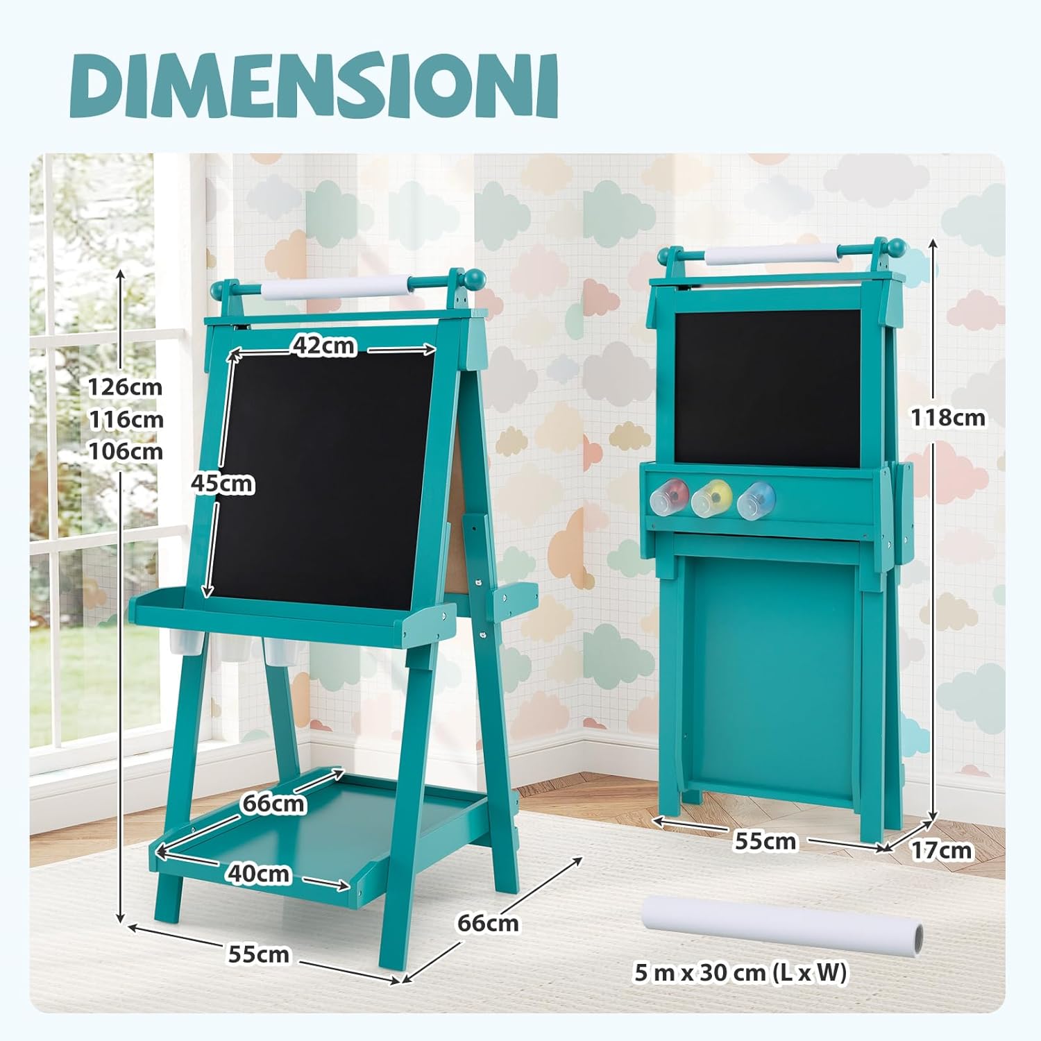 Lavagna per Bambini 3 in 1, Lavagna Magnetica con Lavagna Bifacciale, Rotolo di Carta, Vassoi Portaoggetti e 3 Bicchieri per Pittura, Cavalletto in Legno per Bambini 3+ Anni (Verde)