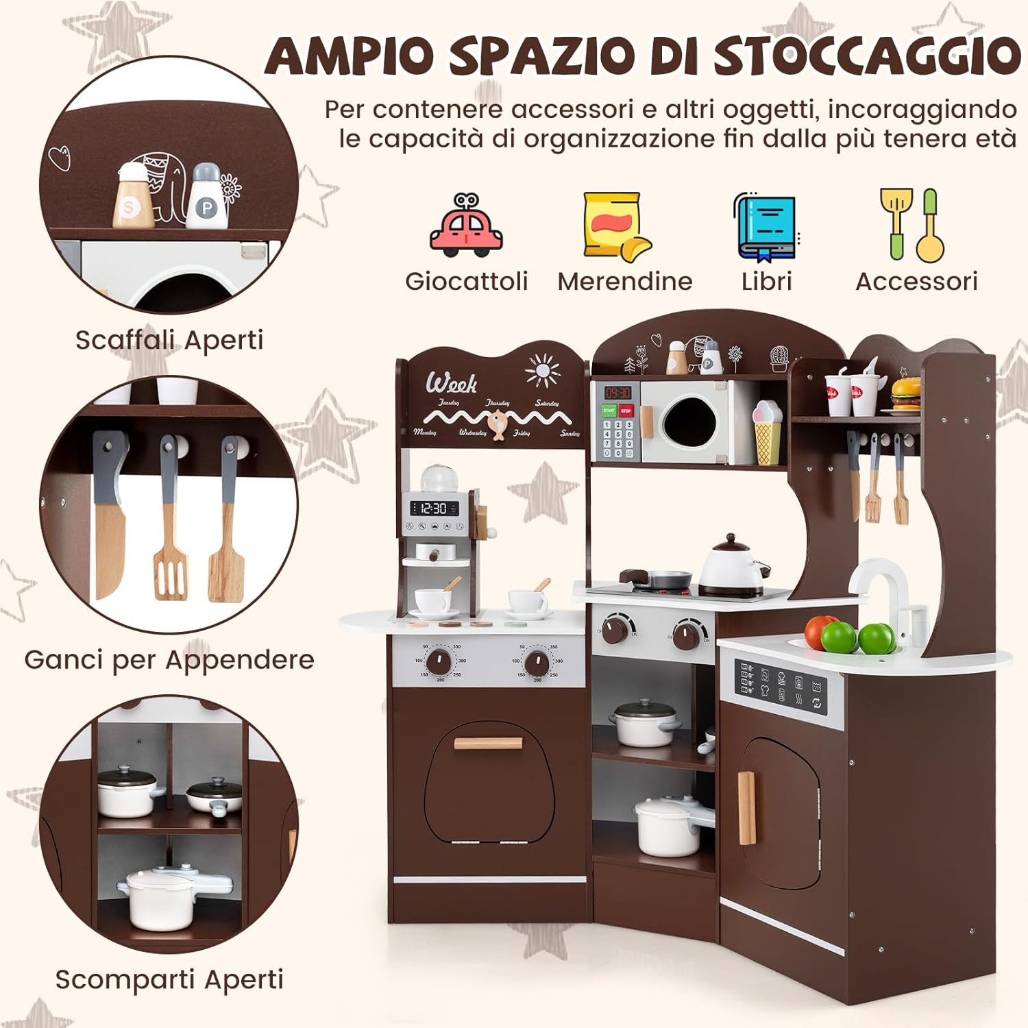Cucina Giocattolo Angolare con Fornelli e Micronde da Suoni e Luci, Cucina per Bambini in Legno con Macchina Caffè, Lavandelo, Forno e Lavatrice, Set Cucina con Accessori (Marrone)