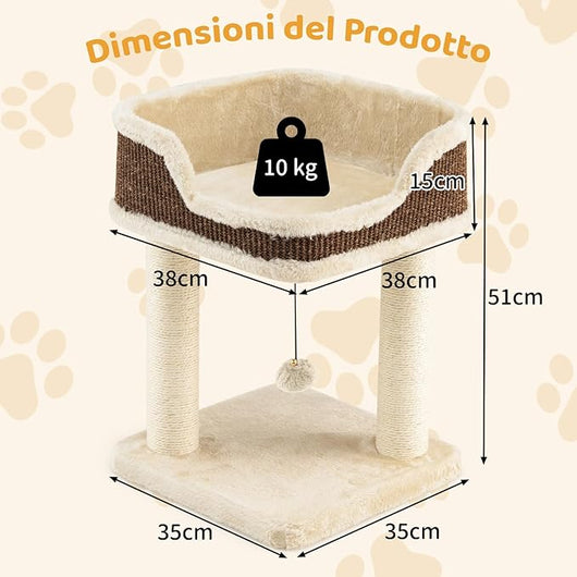 Albero per Gatti 38 x 38,5 x 51 cm, Torre per Gatti con Posatoio in Peluche, Pali Graffianti in Sisal e Palla Pendente, Centro Attività Moderno per Animali Domestici (Beige)