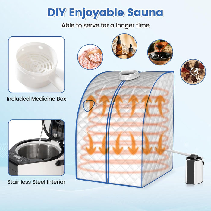 Sauna a Vapore Portatile 3 L, Cabina Domestica per SPA, 9 Temperature Regolabili, 15-90 Minuti, Telecomando e Sedia, 1000W (Argento)