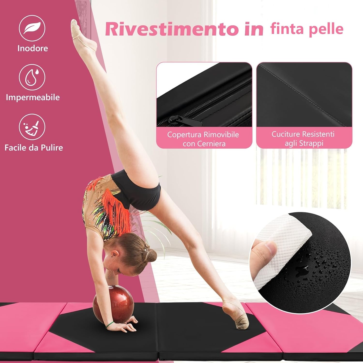 Tappetino Ginnastica Pieghevole 300 CM, Tappetino a 4 Pannelli in Similpelle con Gancio, Chiusure a Strappo e Maniglie per Ginnastica, Yoga e Allenamenti da Casa e Palestra