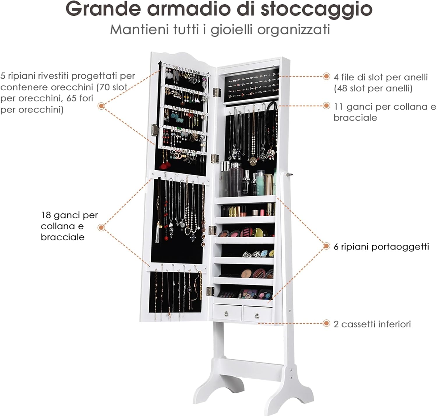 Armadietto Portagioie Specchiera per Gioielli con Chiave e Luci LED, Specchio Figura Intera da Terra, 160x41,5x37cm (Bianco)