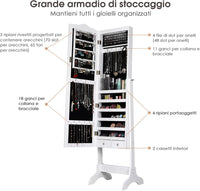 Armadietto Portagioie Specchiera per Gioielli con Chiave e Luci LED, Specchio Figura Intera da Terra, 160x41,5x37cm (Bianco)