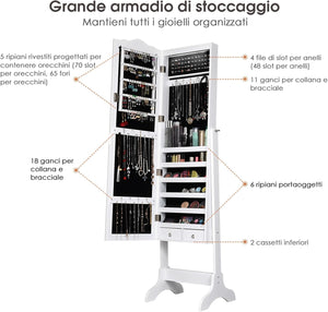 Armadietto Portagioie Specchiera per Gioielli con Chiave e Luci LED, Specchio Figura Intera da Terra, 160x41,5x37cm (Bianco)